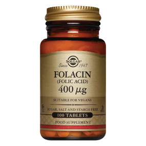 Solgar Vitamins Folacin (Folic Acid) - 400-ug 100-Tablets  - brown glass jar with gold label and gold lid; provides the most natural form of folic acid.