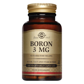 Solgar Vitamins Boron - 3-mg 100-Capsules jar with gold label; capsules help healthy bones and muscle growth.