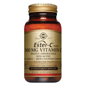 Solgar Vitamins Ester-C Plus 500mg - 50 Capsules - brown glass jar with gold label; provides a patented method of supplementing pH neutral non-acidic vitamin C to prevent digestive irritation.