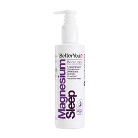 Better You Magnesium Sleep Lotion - 180-ml white and purple bottle; an expertly-blended lotion that’s clinically proven to relax tired muscles, slow down sensory activity and quieten that busy mind, helping you reap the benefits of a deeper, less interrupted night’s sleep.