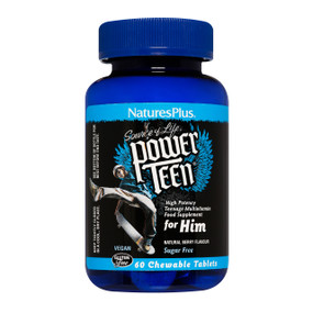 Natures Plus Power Teen for Him - Chewable - 60-Chewable Tablets in a blue plastic bottle with black label; a high potency multivitamin suitable for male teenagers to support growth & development.