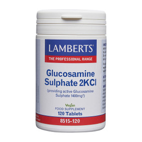Lamberts Healthcare Glucosamine Sulphate 2KCl - 700-mg 120-Tablets in a white plastic tub; is a vegan-friendly glucosamine supplement containing GlucosaGreen.