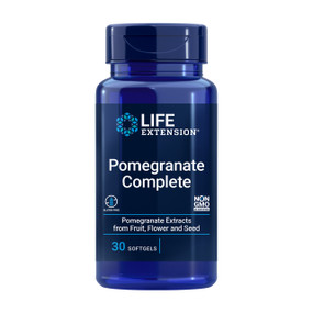 Life Extension Pomegranate Complete -  30-Softgels blue bottle; benefits include everything from supporting healthy prostate and breast tissue to promoting a healthy heart, joints, liver and kidneys.