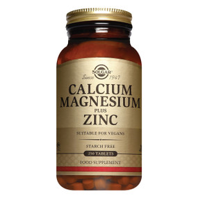 Solgar Vitamins Calcium Magnesium Plus Zinc 250-tablets - amber glass jar with gold label and gold lid; provides nutrients for regeneration of healthy bones
