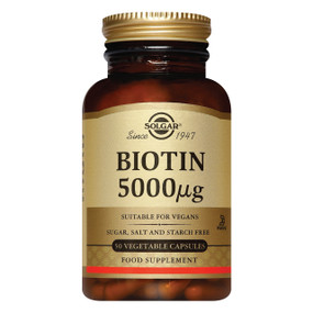 Solgar Vitamins Biotin 5000mcg - 5000-mcg 50-Capsules  - amber glass jar with gold label and gold lid; frequently used for strengthen hair and nails.
