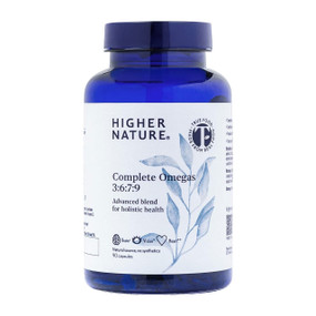 Higher Nature Complete Omega 3:6:7:9 - 90-Capsules in a blue plastic bottle & white label; for supporting the heart, arteries, eyes, brain and joints.