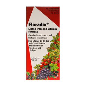 Floradix Liquid Iron Formula 500-ml glass bottle in a box; nutritious food supplement, which provides organic iron, extracts of carefully selected herbs, delicious fruits, vitamins, specially cultured yeast and ocean kelp