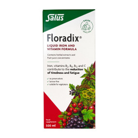 Floradix Liquid Iron Formula 500-ml glass bottle in a box; nutritious food supplement, which provides organic iron, extracts of carefully selected herbs, delicious fruits, vitamins, specially cultured yeast and ocean kelp