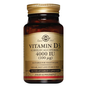 Solgar Vitamins Vitamin D3 4000iu 60-capsules - brown amber glass jar with gold label; help build and maintain strong bones and muscles. Vitamin D3 is also supportive to the immune system
