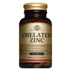 Solgar Vitamins Chelated Zinc - 22-mg 100-Tablets brown amber glass jar with gold label;  provides 22-mg of zinc bisglycinate, a high absorption form of zinc.