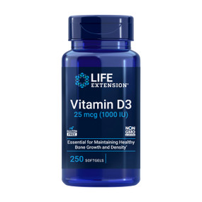 Life Extension Vitamin D3 1000iu - 250-Softgels blue bottle; each provide 1000iu of Vitamin D3 to help address any possible deficiencies within the body.