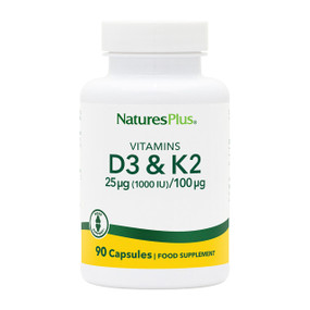 Natures Plus Vitamins D3 & K2 - 90-Capsules white plastic tub with white and yellow label; provides the most bioavailable, effective nutrient forms of these essential bone nutrients, for optimal absorption and utilisation: vitamin D3 (cholecalciferol) and vitamin K2 (menatetrenone).