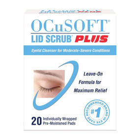 OCuSOFT Lid Scrub PLUS - 30-Pre-Moistened Pads blue carton box; helps soothe eyes & relieves eye irritation that accompanies Blepharitis and Dry Eye Syndrome.