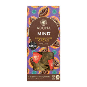 Aduna Relax Cacao Tea - 15-Tea Pyramids front image; helps increase relaxation, happiness and a sense of wellbeing.