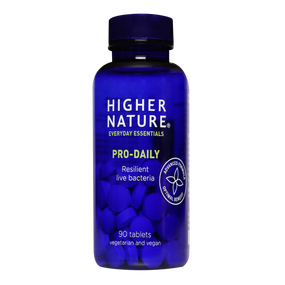 Higher Nature Pro-Daily - 90-Tablets blue plastic container, provides Bacillus coagulans probiotic supplement ideal for use on holiday.