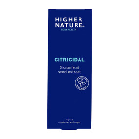 Higher Nature Citricidal Liquid 45-ml bottle in a blue box; ideal for use on travels helping to prevent stomach bugs from tainted food or water