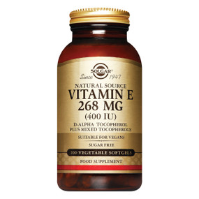 Solgar Vitamins Vitamin E 400iu Vegetarian 100-softgels - 268-mg brown amber glass jar with gold label;  provides a natural form of vitamin E, d-alpha tocopherol, to protect cells from oxidative stress and support the immune system