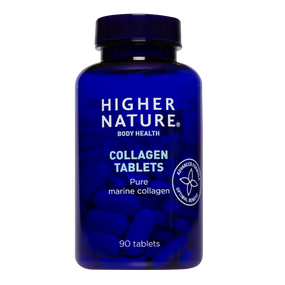 Higher Nature Collagen Tablets - 90-Tablets in a blue plastic bottle; contains hydrolysed pure marine collagen for renewal of healthy joints and skin.
