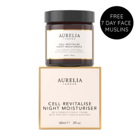 Aurelia London Cell Revitalise Night Moisturiser 60-ml - glass jar in a box; a clinically advanced cream that hydrates and sooths dull, dehydrated skin while helping prevent the signs of ageing.