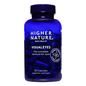 Higher Nature VisualEyes - 90-Capsules ina blue bottle; contains carotenoids & vitamins to support & protect the eyes.