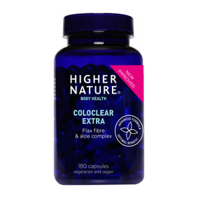 Higher Nature Coloclear Extra - 180-Capsules in a blue bottle; a gentle colon cleanser to help maintain healthy bowels.