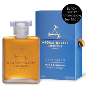 Aromatherapy Associates Deep Relax Bath & Shower Oil - 55-ml glass bottle in a blue box; a deeply relaxing essential oil blend
