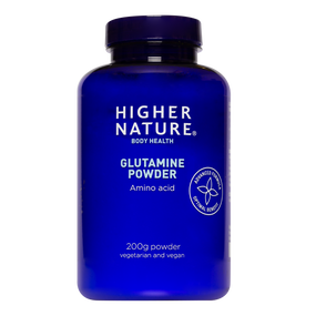 Higher Nature Glutamine Powder 200-grams - bottle; helps to calm down inflammation in the gut & helps concentration