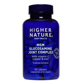 Higher Nature MSM Glucosamine Joint Complex - 90-Tablets in a blue plastic bottle; for joints contains nutrients to help cartilage, ligaments, and tendons