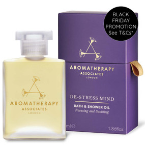 Aromatherapy Associates De-Stress Mind Bath & Shower Oil - 55-ml glass bottle in a purple box; The De-Stress range is specially created for an overworked body and mind constantly dealing with everyday stresses and strains.