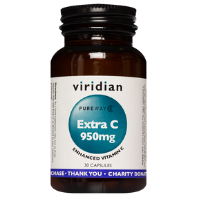 Viridian Nutrition Extra C 950mg - 30-Capsules bottle; a high potency, bioavailable form of vitamin C that delivers enhanced absorption and is more easily retained than other traditional forms of vitamin C.