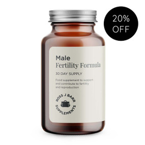 Ross J. Barr Male Fertility Formula - brown glass jar with grey label; food state supplement to support men trying to increase their fertility, increase male sexual function and increase good quality sperm production.