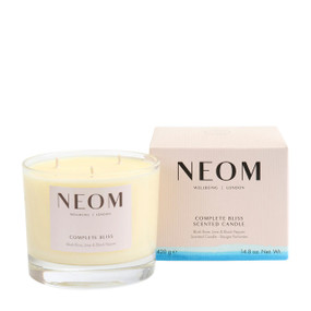 Neom Organics Complete Bliss Scented Candle (3 Wick) - contains a complex blend of 14 essential oil including organic rose oil which leaves you with an uplifted and blissful feeling