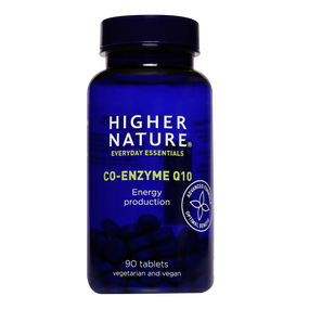 Higher Nature Co-Enzyme Q10 90 Tablets -in a blue plastic bottle; offering a convenient means of boosting your CoQ10 status for energy production.