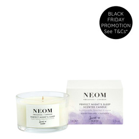 Neom Organics Perfect Night’s Sleep Scented Candle (Travel Size) - 1-Pack glass clear glass candle burner and white box with purple label;