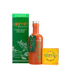 MedTate Ojamin Herb & Fruit - 250-ml front image, green box, orange bottle with silver lid; sugar-free liquid vitamin tonic suitable for diabetics and for daily wellbeing. Ojamin Herb & Fruit liquid by MedTate contains 14 herbs and fruits