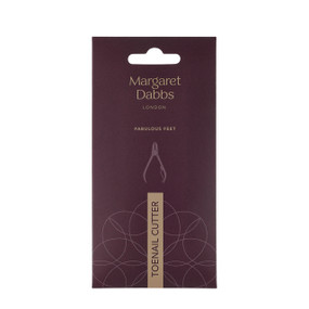 Margaret Dabbs London Toe Nail Cutter - 1-Pack front image of purple carton with gold writing; help shape even thickened nails and make for the ideal tool for your home pedicure