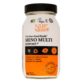 Natural Health Practice Meno Multi Support - 60-Capsules bottle; specially formulated with all the essential vitamins and minerals needed to give support during the menopause and beyond, as well as supporting good bone health.