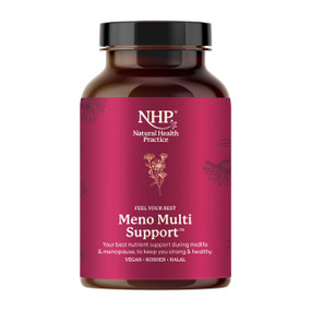 Natural Health Practice Meno Multi Support - 60-Capsules glass bottle with white and orange label and black lid; specially formulated with all the essential vitamins and minerals needed to give support during the menopause and beyond, as well as supporting good bone health.