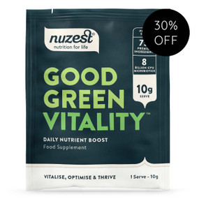 Nuzest Good Green Vitality Single Serve Sachet - 10-Grams dark green box; helps improve immunity and memory, reduce stress and boost your metabolism.