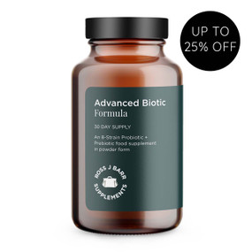 Ross J. Barr Advanced Biotic Formula - 100-Grams brown glass jar with dark green label; a powdered multi-strain probiotic supplement to help ensure a harmonious digestive system