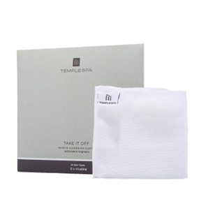 TEMPLESPA Take It Off Soft Muslin Cleansing Cloth - 2-Muslin Cloths front image; packed in a 100% sustainably sourced FSC paper green card.  By gently exfoliating, the 100% cotton muslins ensure deep cleansing and leave the skin feeling fresh and looking bright.