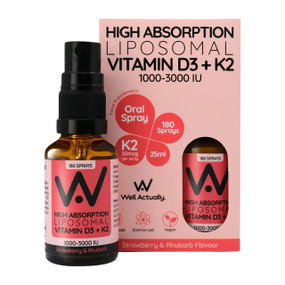 Well.Actually. Vitamin D3 + K2 Liposomal Spray Strawberry & Rhubarb - 2000-iu 25-ml glass bottle in recyclable brown box; provides high bioavailable vitamin D3 & K2