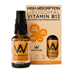 Well.Actually. Vitamin B12 Liposomal Oral Spray - Truly Fruity - 300-iu 25-ml glass bottle in recyclable brown box; the most bioavailable form of B12 (Methylcobalamin)