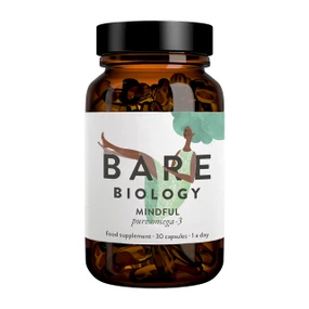 Bare Biology Mindful Omega 3 Fish Oil Capsules - 30-Capsules white box and brown glass jar with white label, for healthy brain function.