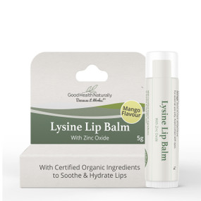 Good Health Naturally Lysine Lip Balm - 5-Grams white box with green; has great benefits for overall lip protection and can help heal dry chapped lips.