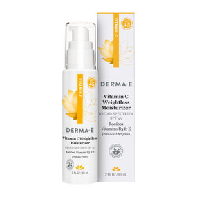 Derma E Vitamin C Weightless Moisturizer SPF 45 - 60ml white tube and white box; brightening and hydrating the skin while providing UVA/UVB sun protection.