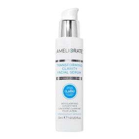 Ameliorate Transforming Clarity Facial Serum, 30ml white plastic tube with blue writing, improves the appearance of blemishes, blackheads, blemish marks & pores.