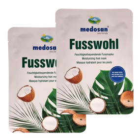 Fusswohl Moisturising Foot Mask - two pairs of white plastic moisturising foot socks.  The foot mask help heal and repair dry and cracked skin.