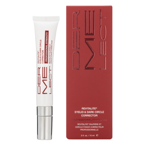 Dermelect Cosmeceuticals Revitalite Professional Eyelid & Dark Circle Corrector - 15-ml white plastic tube & red carton box; improves the appearance of the eye area by reducing dark circles, sagging lids, and puffiness.