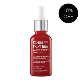 Dermelect Cosmeceuticals Outcrease Retinol Trifecta Serum 30-ml red dropper bottle; effectively targets the appearance of fine lines, wrinkles, thick skin, and sun damage.